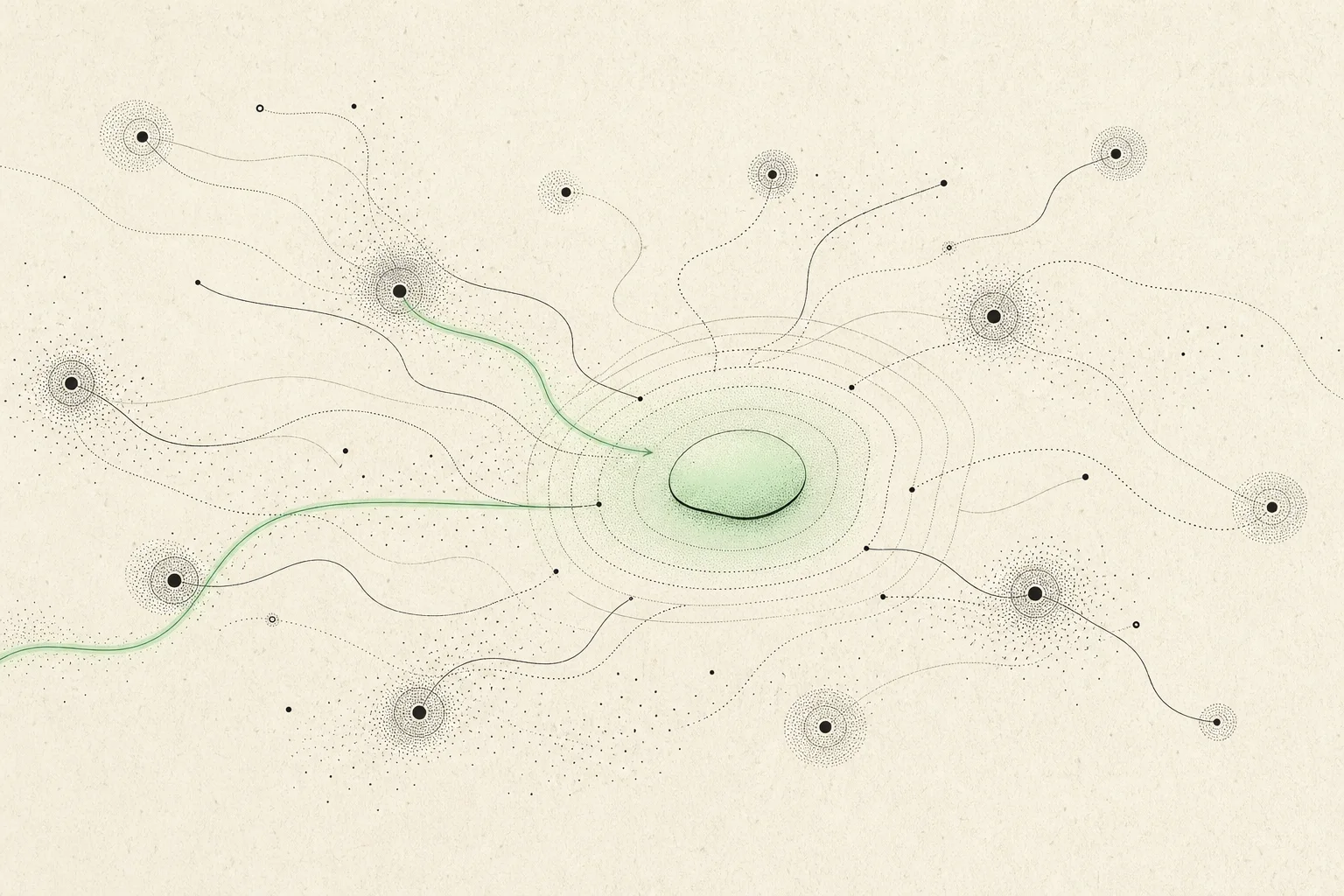 Dithered source and citation signals converge on a central answer surface.