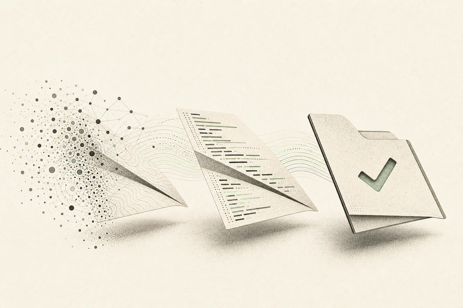 Dithered evidence transforms through code into a checked review artifact.
